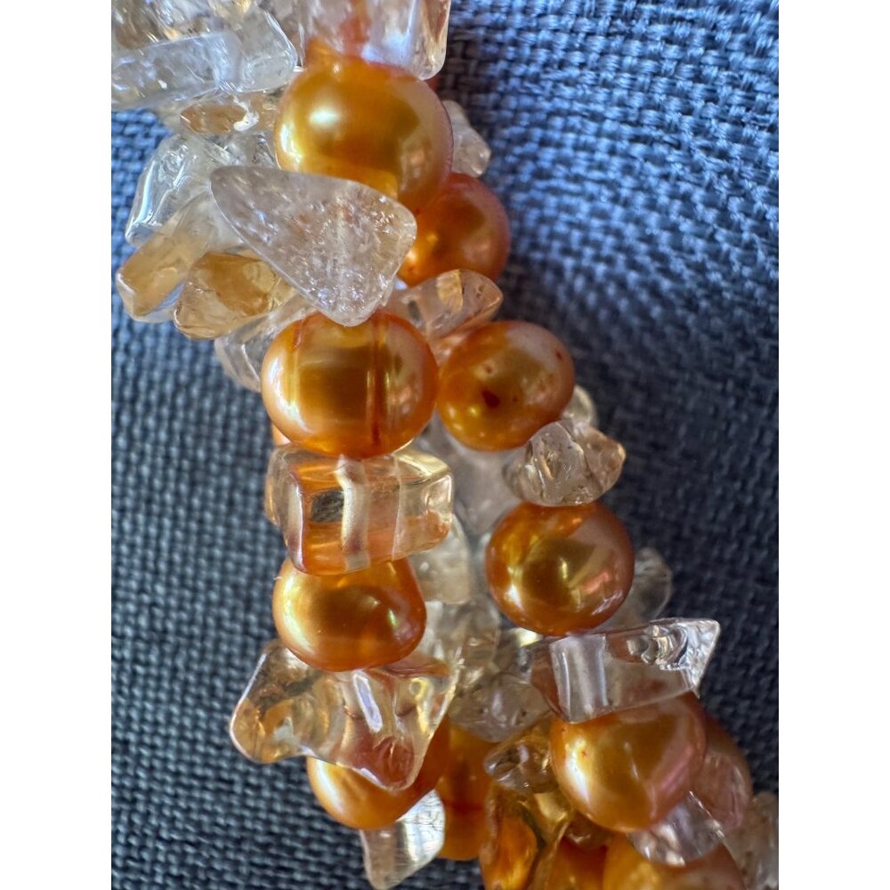 Sterling Triple Strand 18" Necklace With Golden Pearls Quartz Beads - Picture 4 of 5